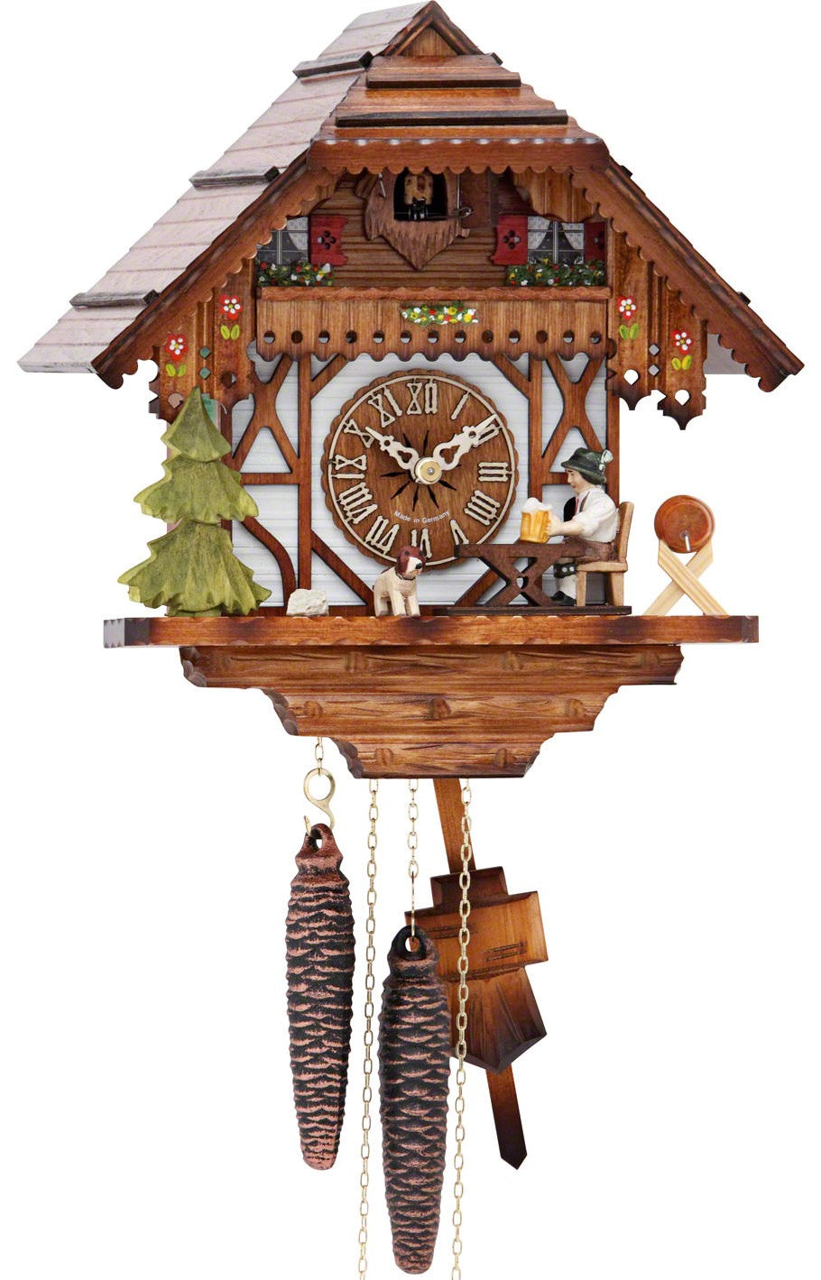Original 1 Day Cuckoo Clock, typical Black Forest Chalet House, with handpaintings, a tree, a dog and a traditional dressed Bavarian drinking beer.