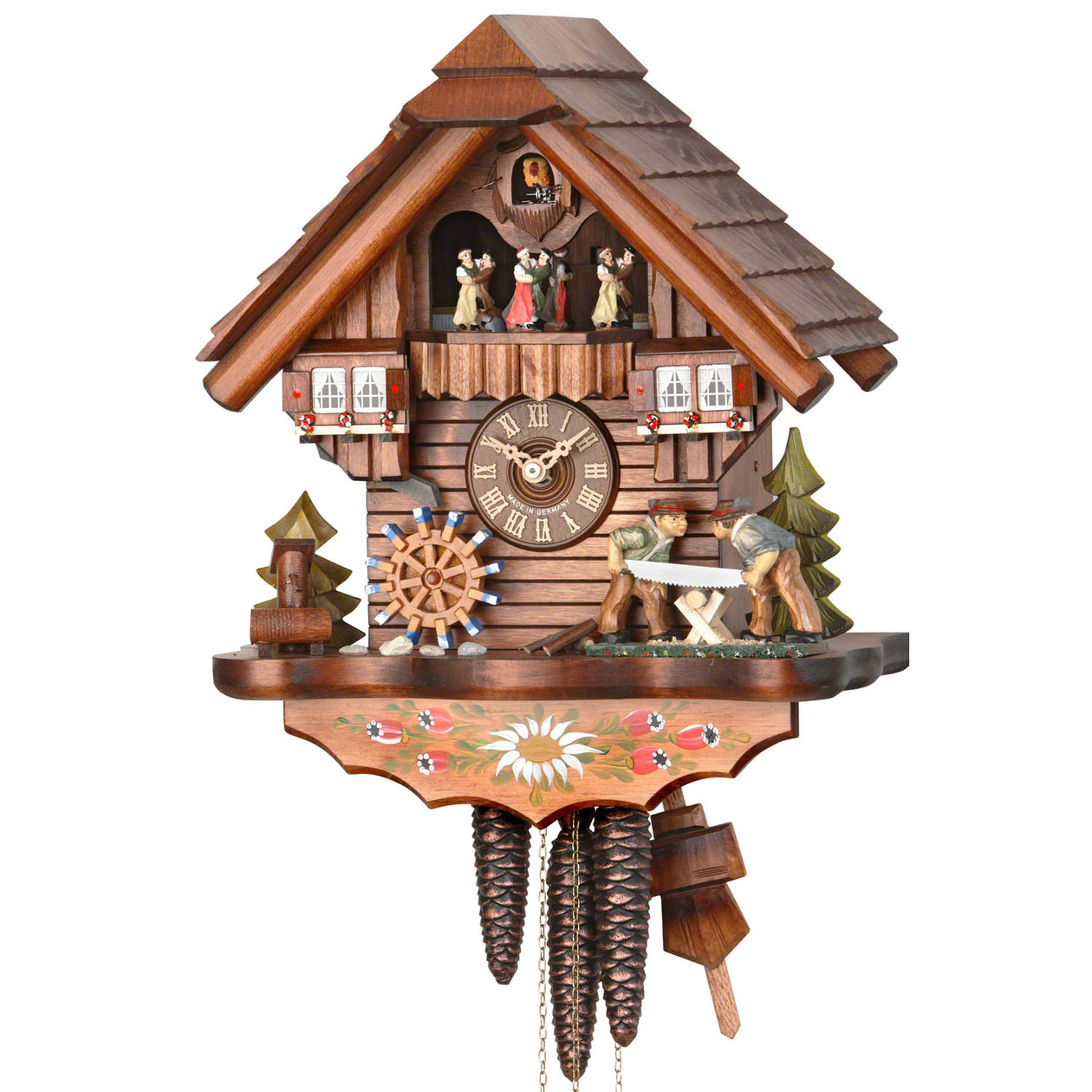 Original 8 Day Cuckoo Clock, Chalet Style with music and dancers, 
handpaintings, a moving wind mill and the lumberjacks sawing wood