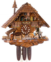 Original 8 Day Cuckoo Clock with music and dancers, Chalet Style, a watermill, a dog and a cow standing under a roof and the lumberjacks sawing wood