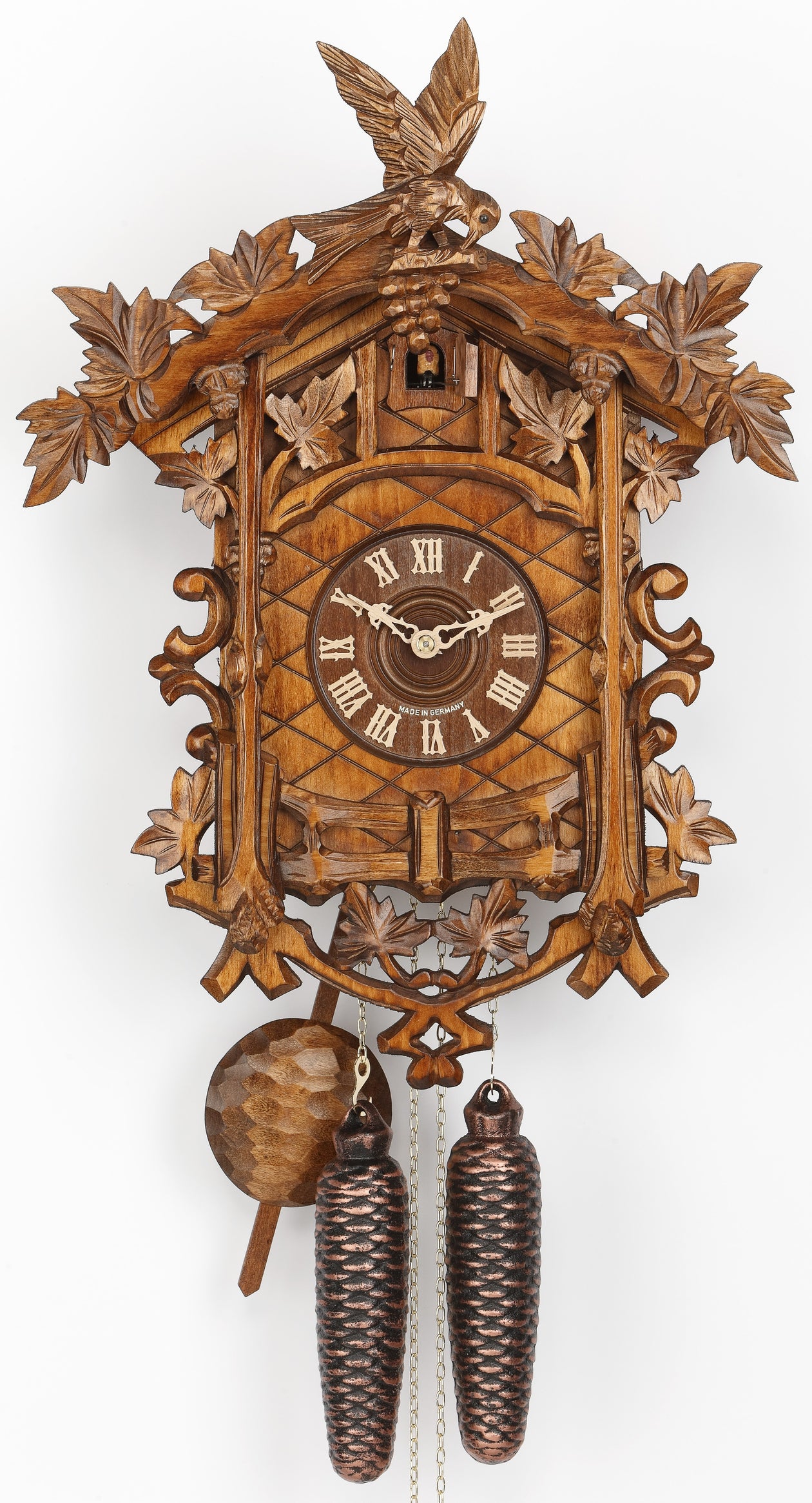 Original 8 Day Cuckoo Clock with leaves in a Bahnhaeusle Style.