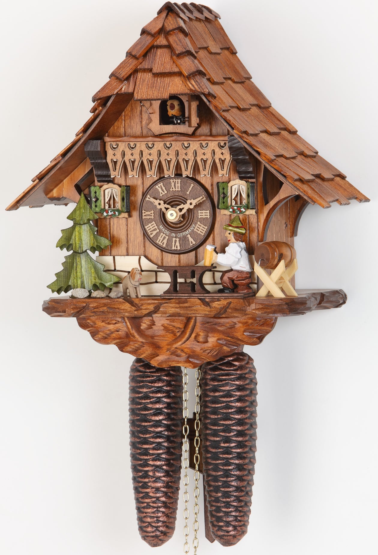 Original 8 Day Cuckoo Clock, Chalet Style, handcarved roof, a nice balcony, trees, a dog and a beer drinker