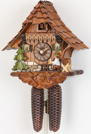 Original 8 Day Cuckoo Clock, Chalet Style, handcarved roof, a nice balcony, trees, a dog and a beer drinker